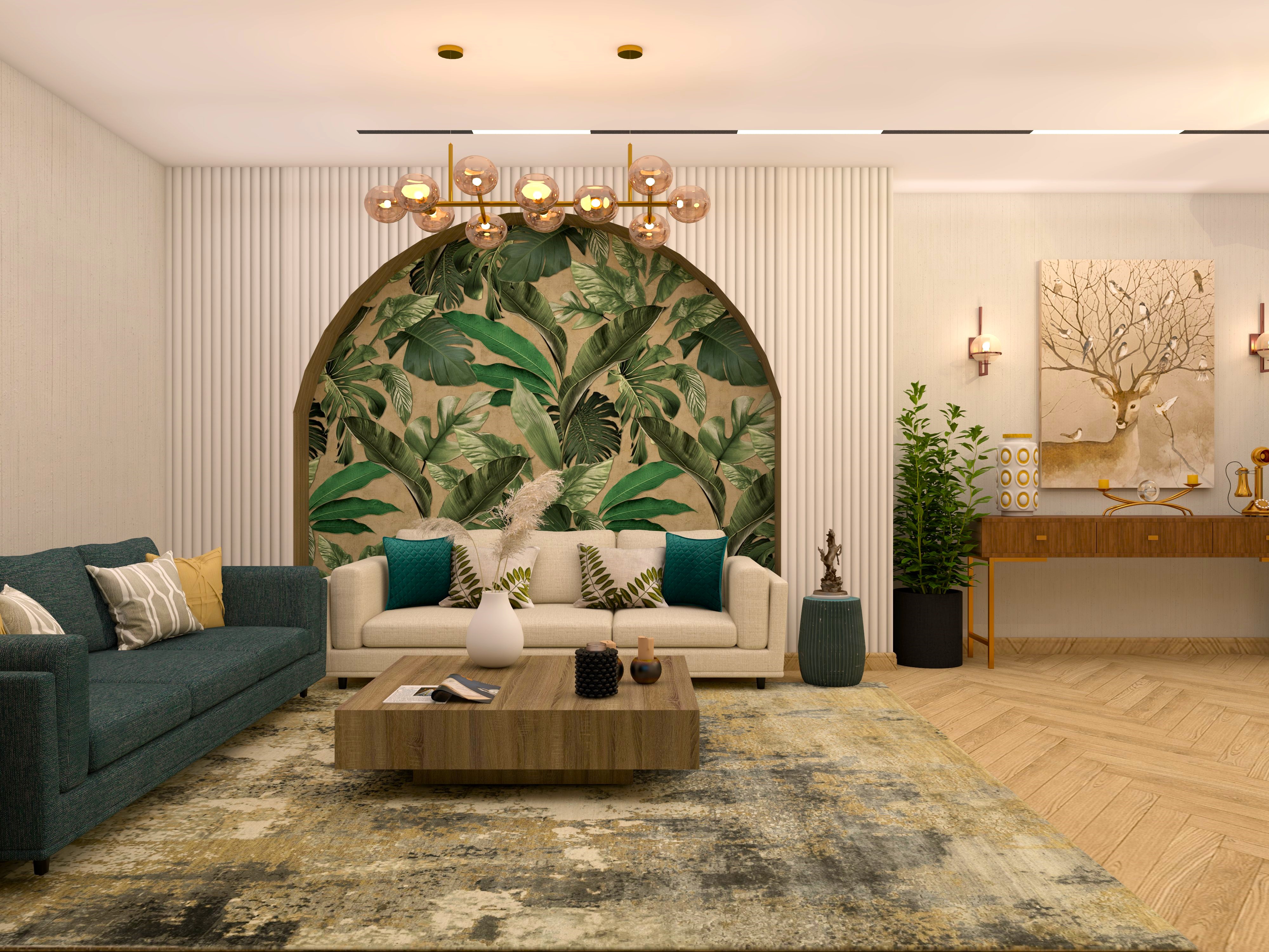 Living room wall with arched fluted paneling and tropical wallpaper-Beautiful Homes