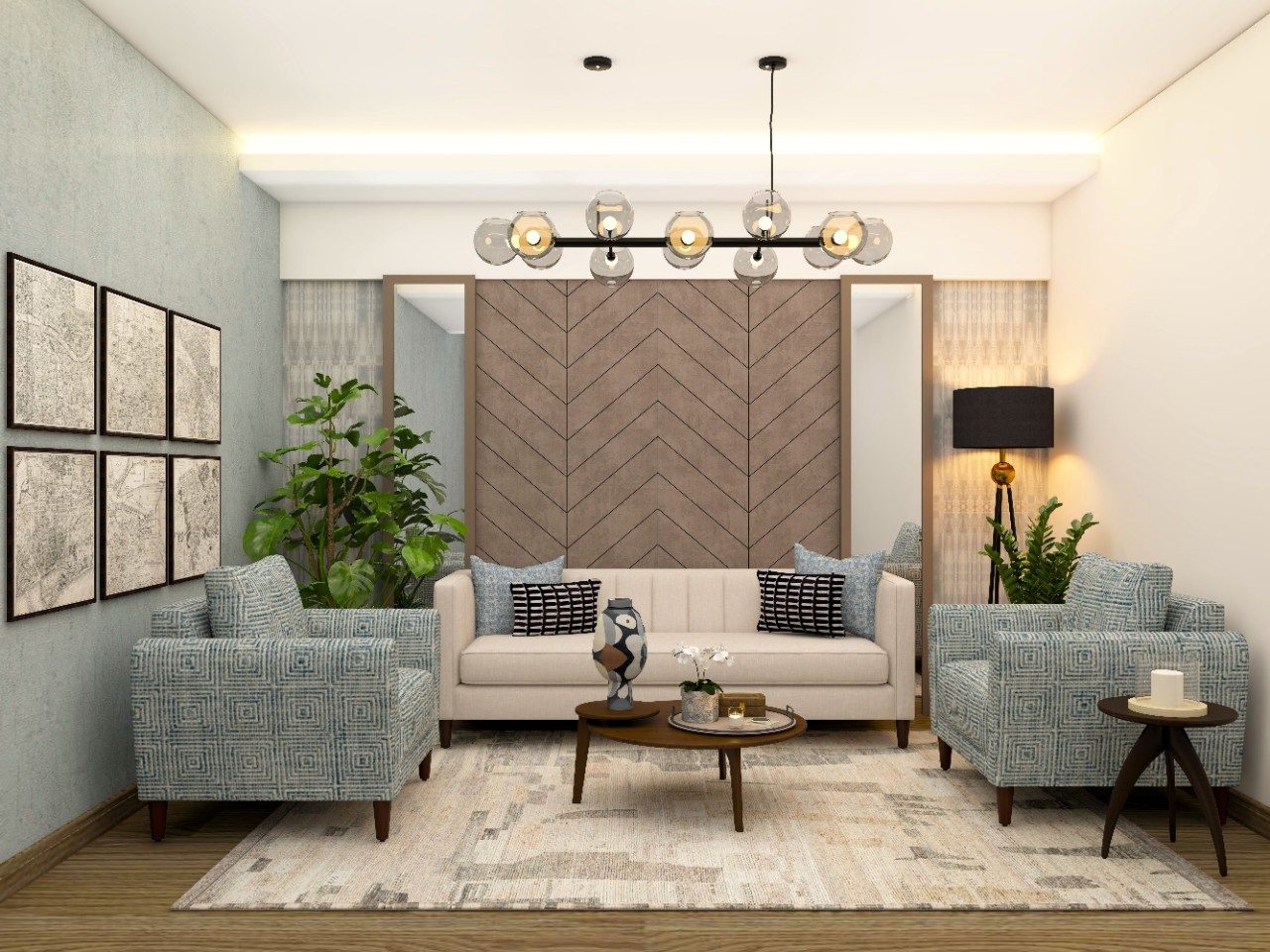 Living room wall with wooden paneling and mirrors on both sides-Beautiful Homes