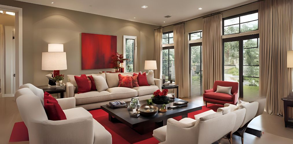 Living room with beige sofa and red accent chair - Beautiful Homes