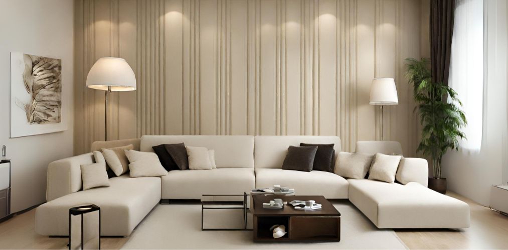 Living room with beige wall panel and floor lamps-Beautiful Homes