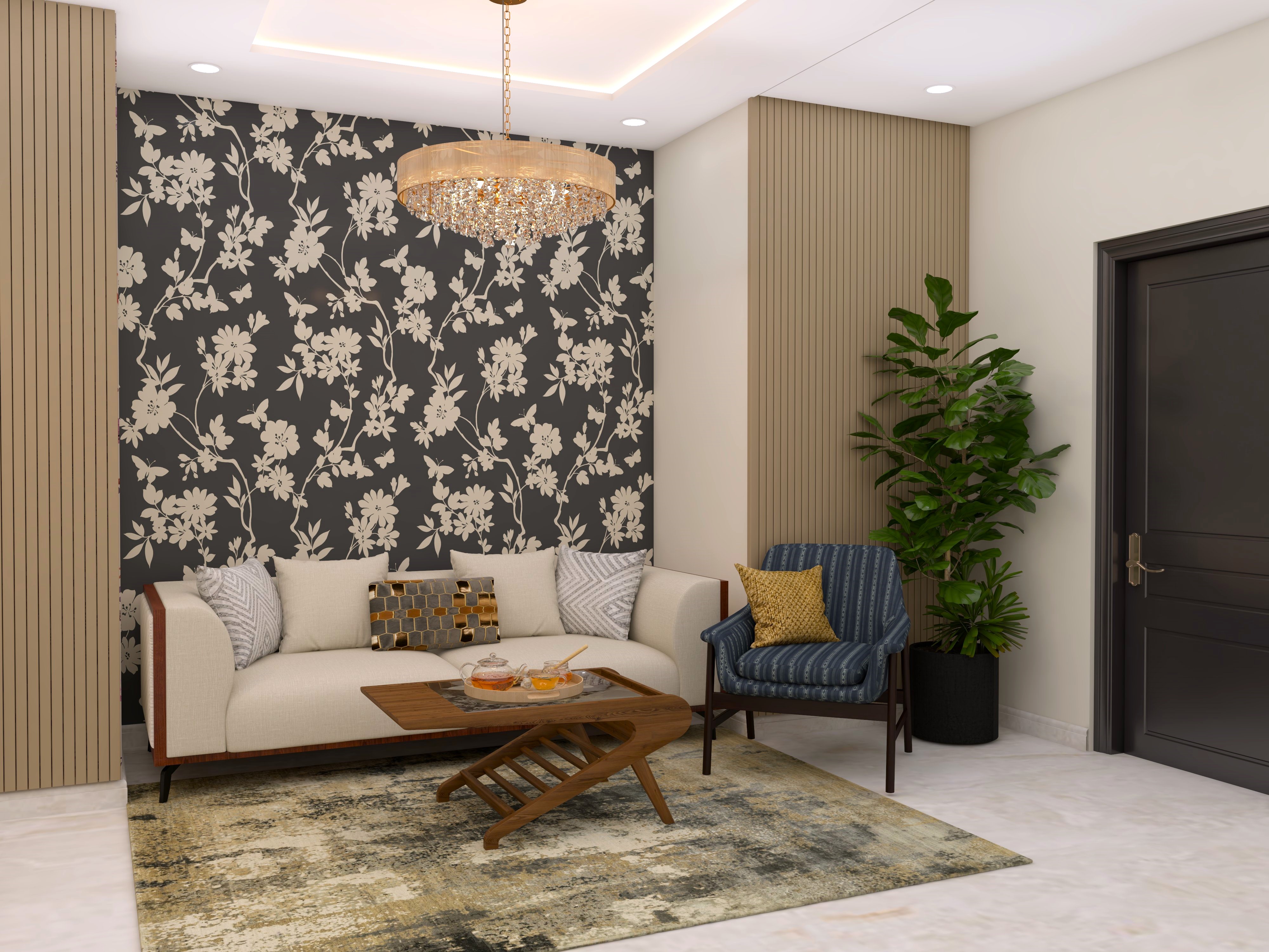 Living room with black floral wallpaper and white accents - Beautiful Homes