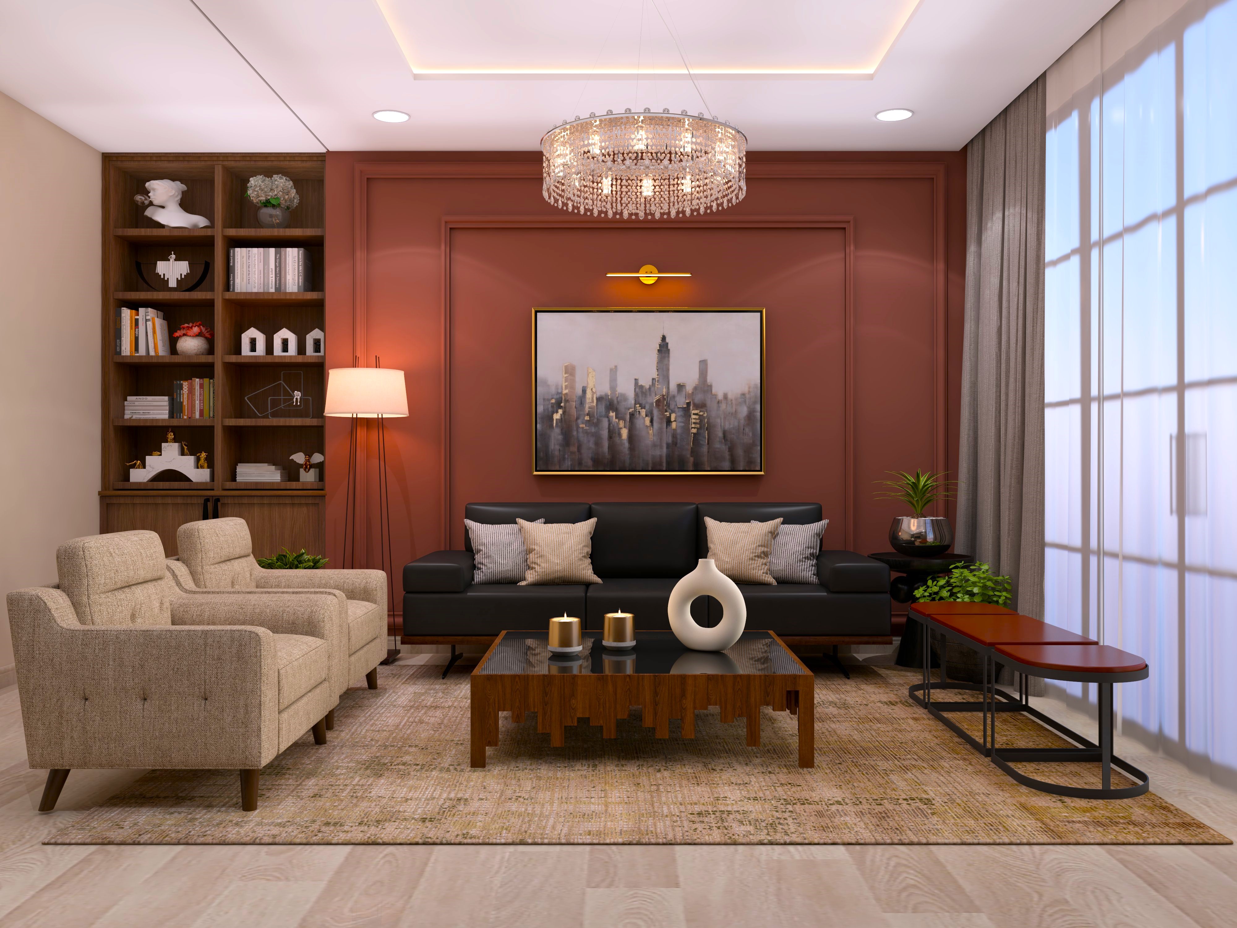 Living room with black leather sofa and brick red wall trims - Beautiful Homes