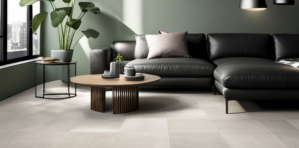 Living room with black leather sofa and ceramic tiles-Beautiful Homes