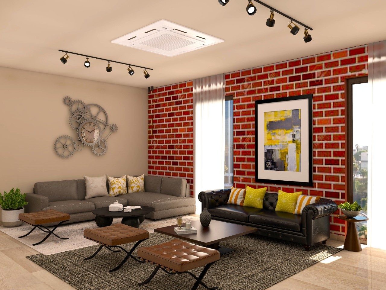 Living room with black leather sofa and red brick wall-Beautiful Homes