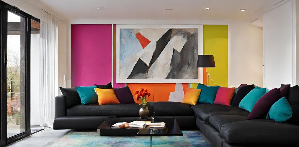 Living room with black sofa and colourful wall - Beautiful Homes