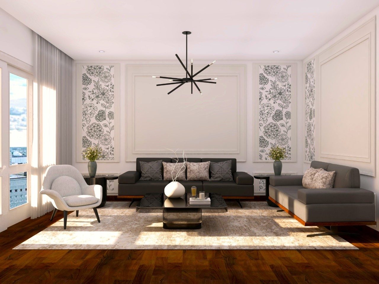 Living room with black sofa and white walls - Beautiful Homes