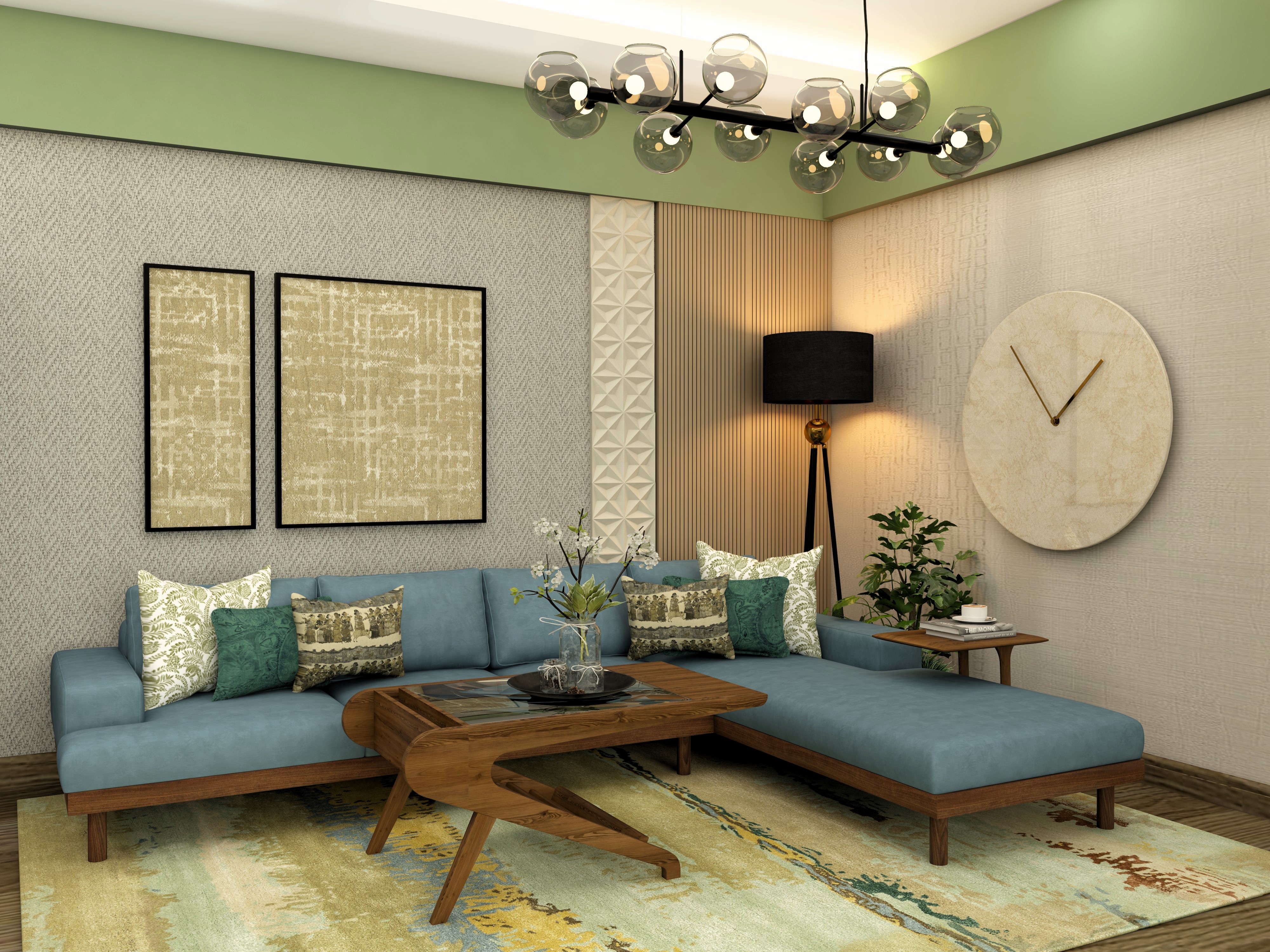 Living room with blue L-shaped sofa and wooden center table-Beautiful Homes