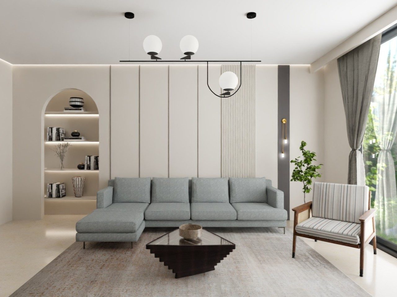 Living room with grey sofa and wooden table - Beautiful Homes