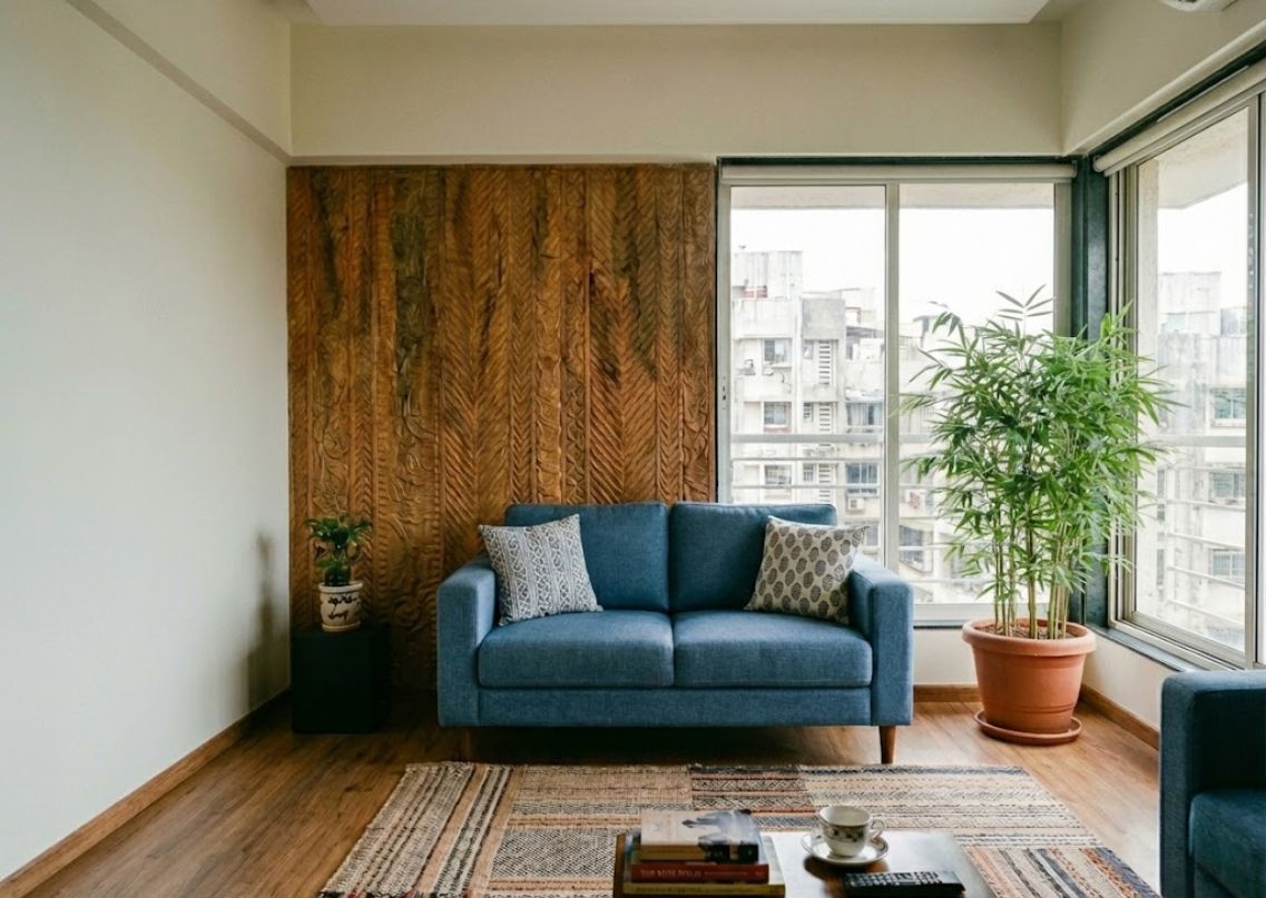 Modern living room with blue sofa and wooden wall - Beautiful Homes