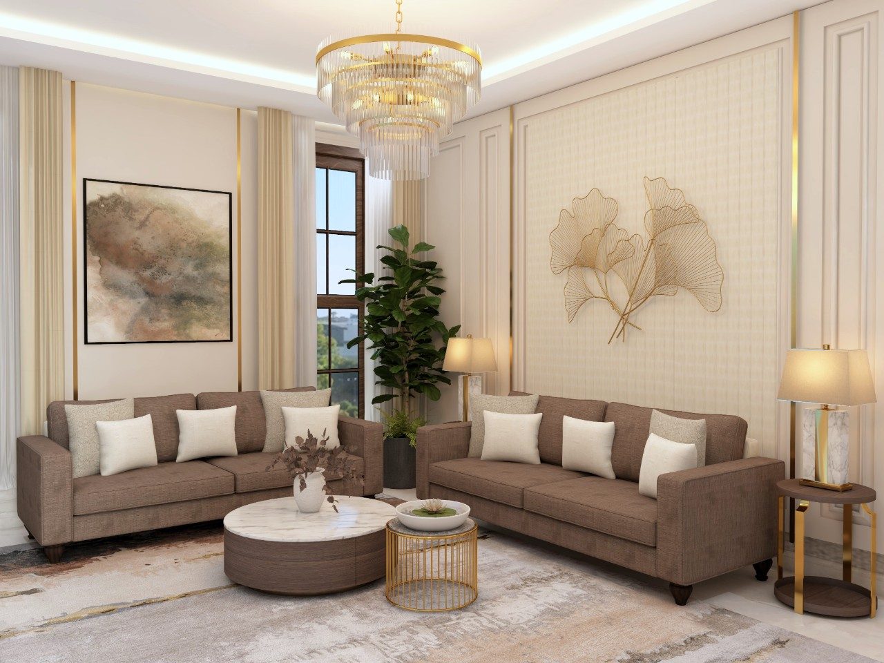 Living room with brown sofa set and white walls with golden strips-Beautiful Homes