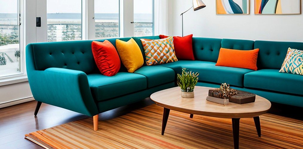 Living room with colorful couch and carpet with coffee table-Beautiful Homes