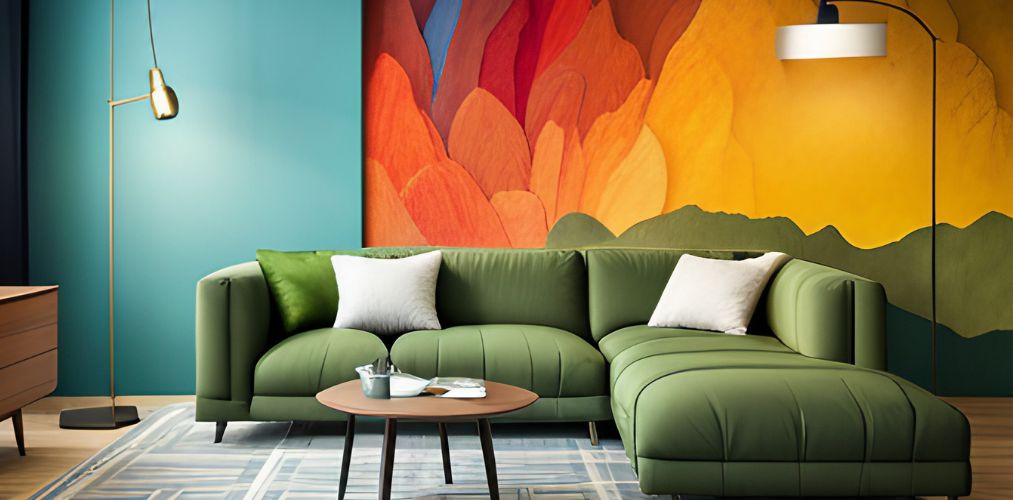 Living room design with paint texture and green sofa-Beautiful Homes