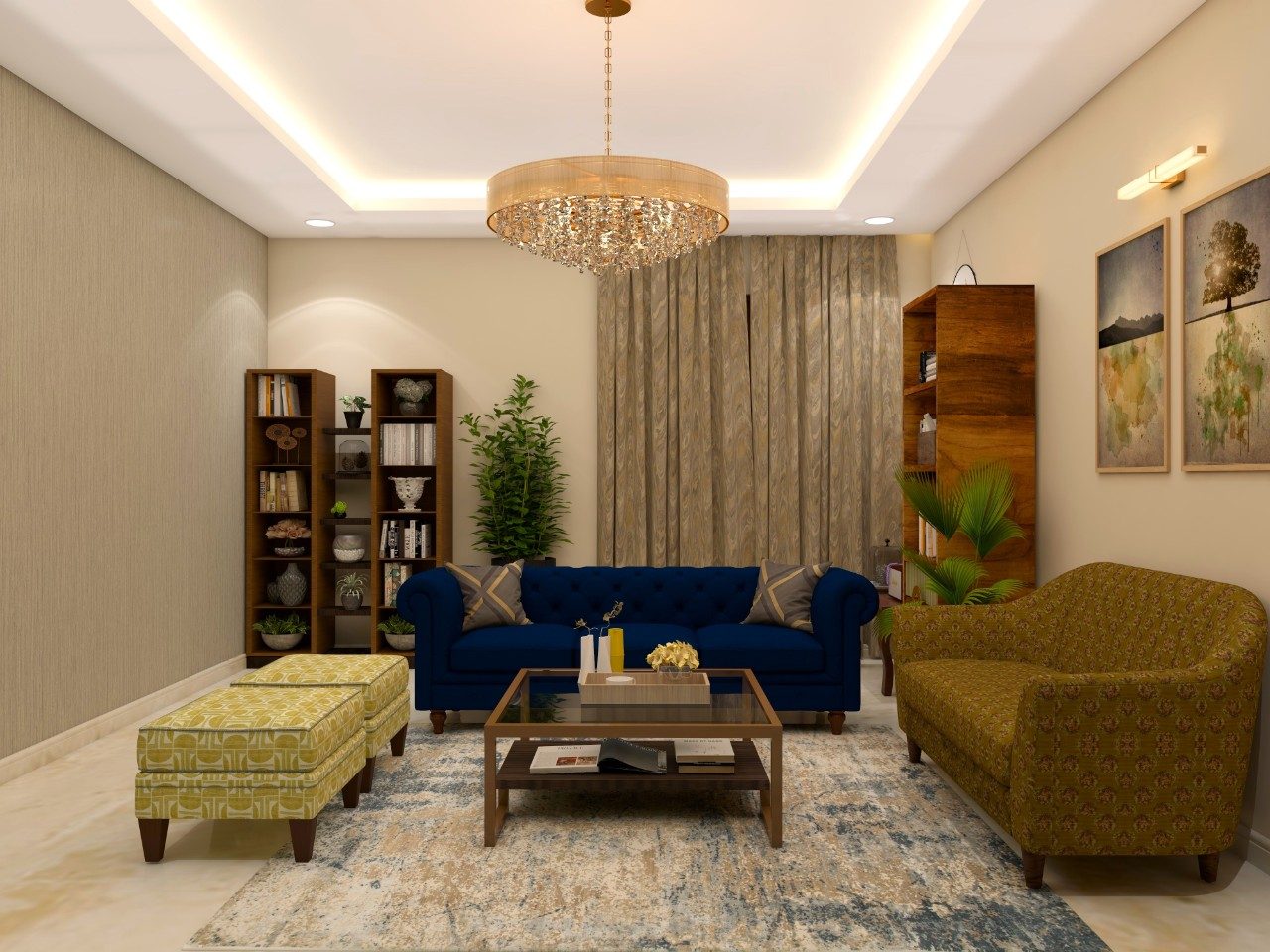 Living room with dark blue sofa and chandelier with gold accents-Beautiful Homes