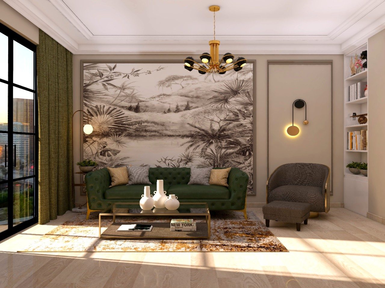 Living room with dark green chesterfield sofa and grey armchair with footstool - Beautiful Homes