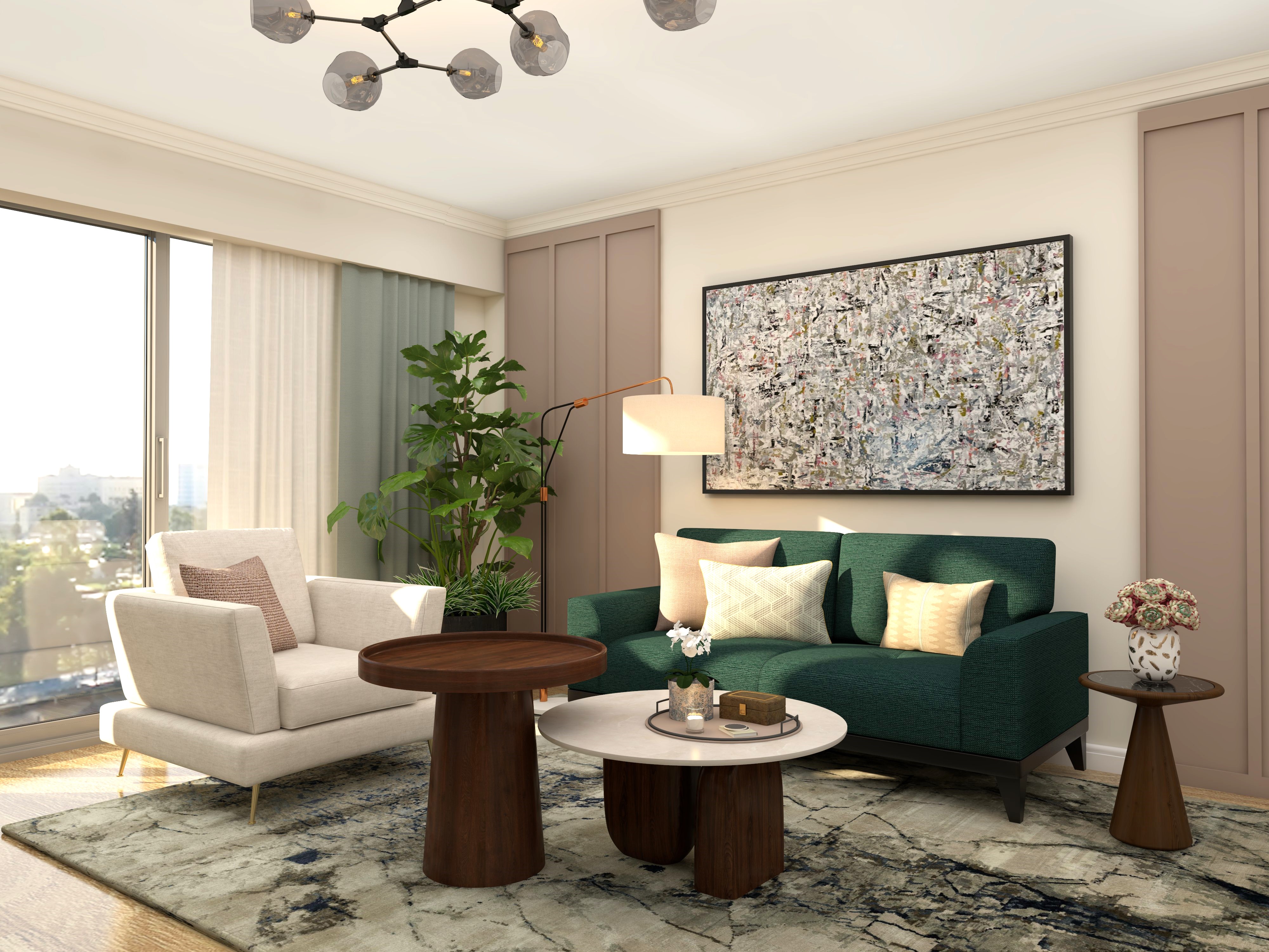 Living room with dark green sofa and white armchair-Beautiful Homes