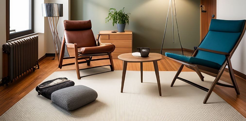 Living room with blue and brown folding chairs and carpet-Beautiful Homes