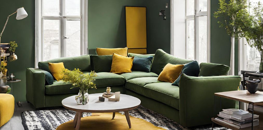 Living room with green l-shaped sofa and mustard cushions - Beautiful Homes