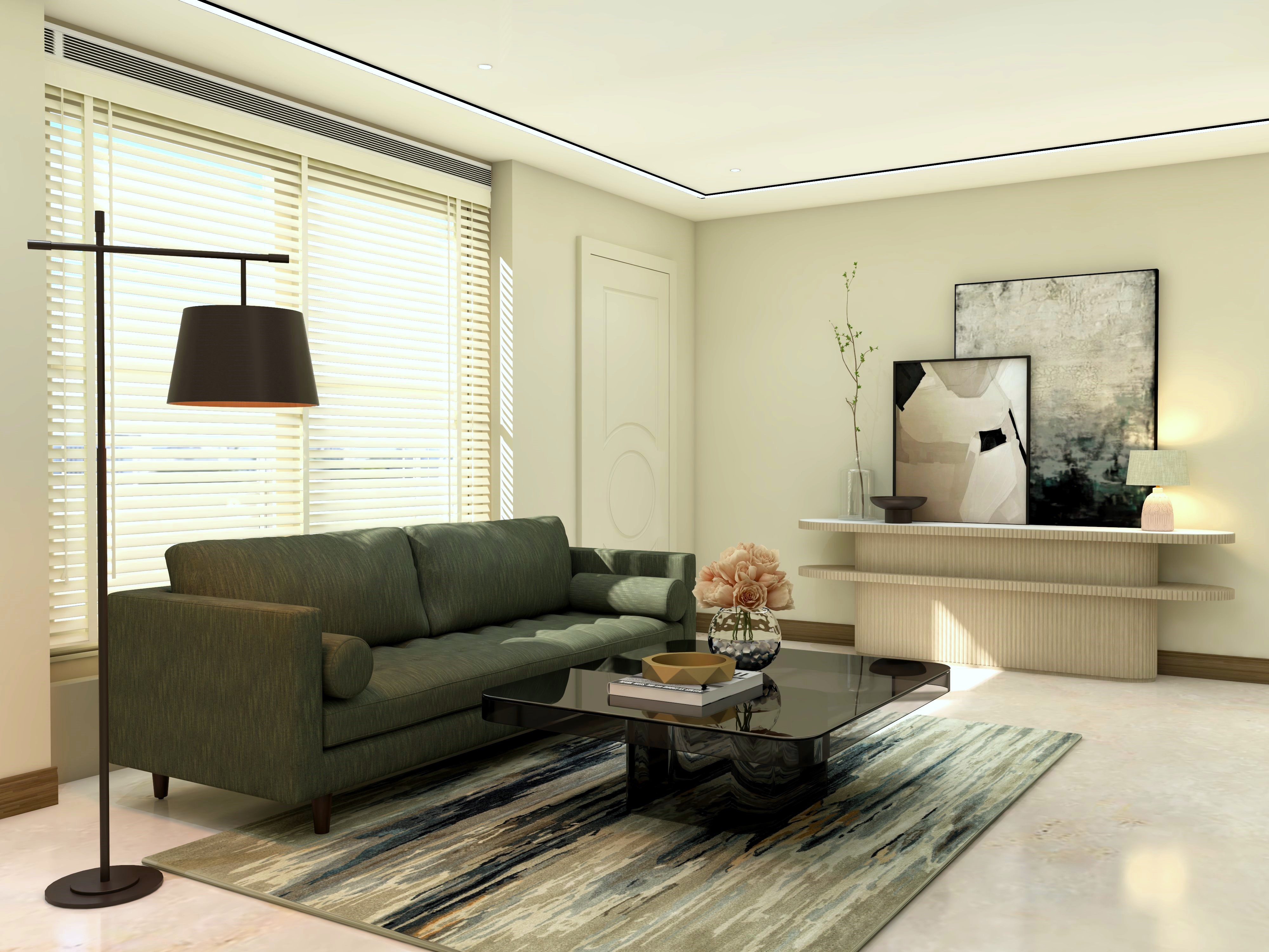 Living room with green sofa and beige console with artwork-Beautiful Homes