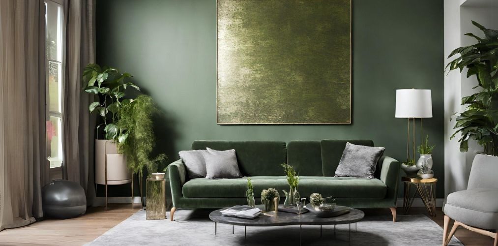 Living room with green wall with grey sofa and metallic wall piece - Beautiful Homes