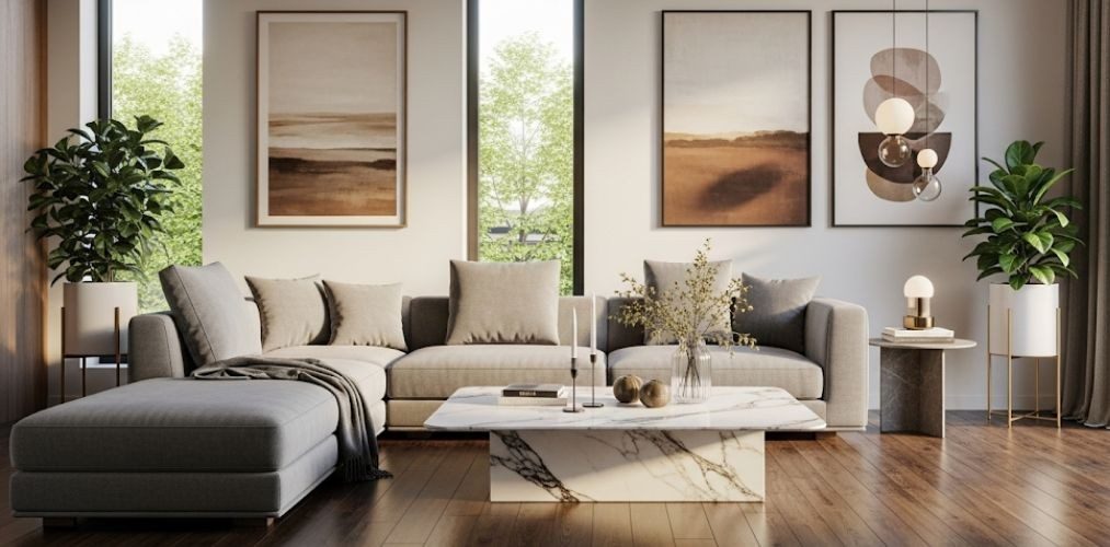 Modern living room with grey sofa and décor - Beautiful Homes