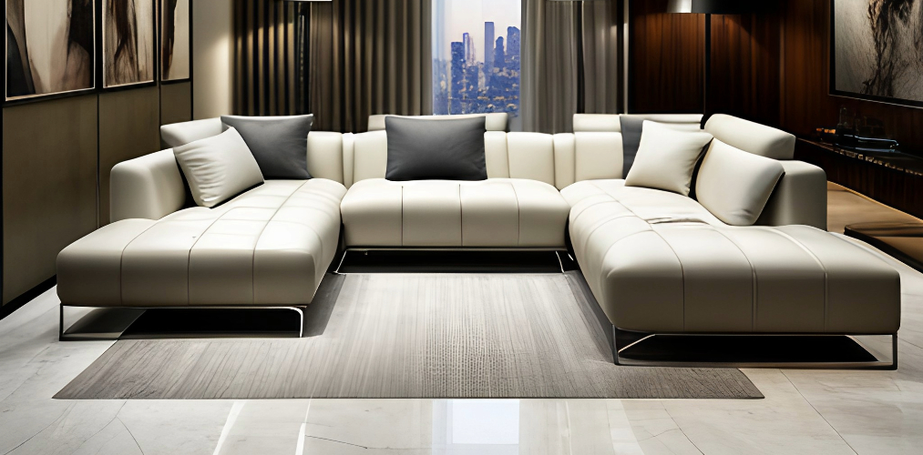 Living room with grey sectional sofa design and marble flooring-Beautiful Homes