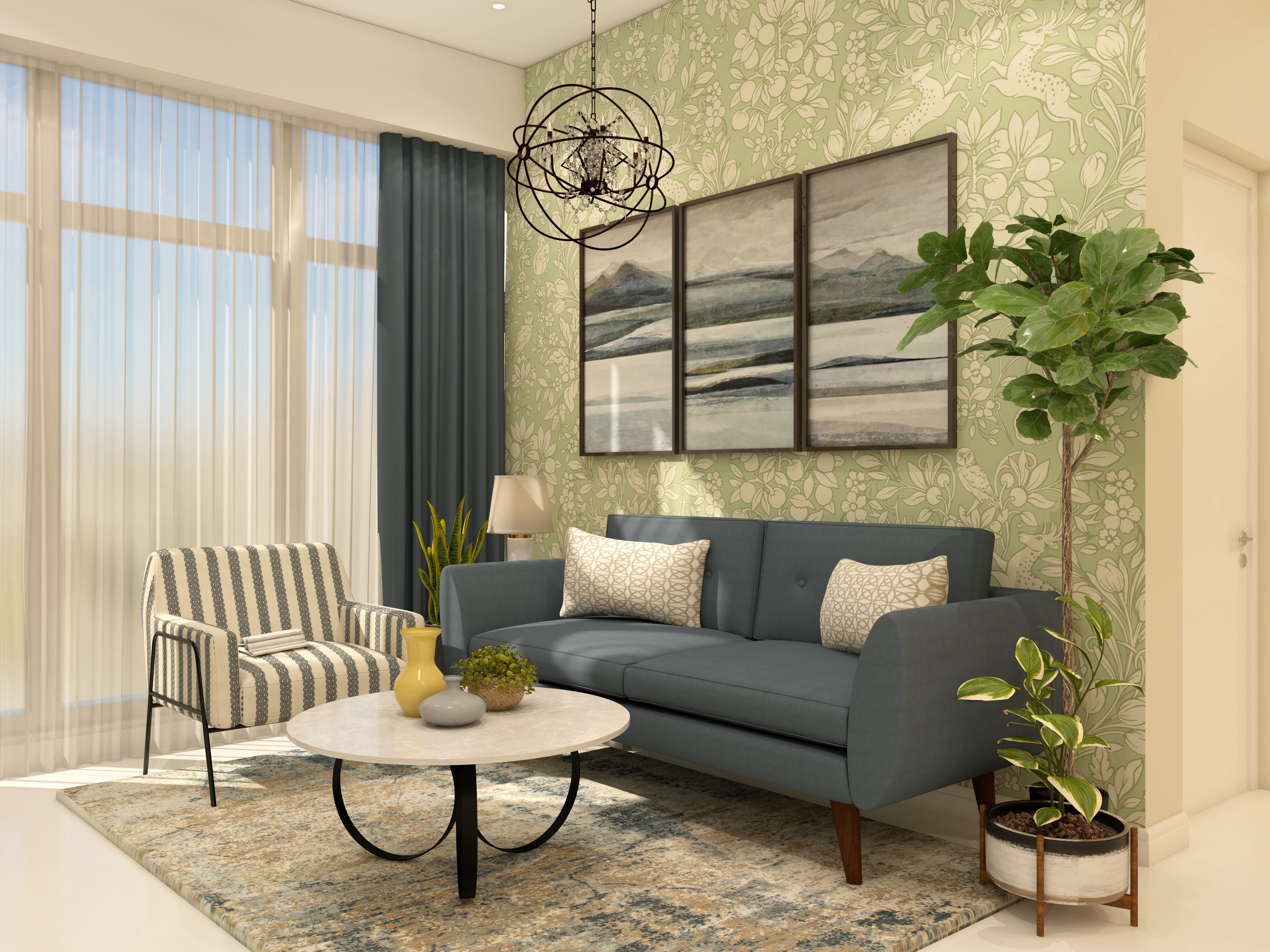 Living room with grey sofa and green floral wallpaper-Beautiful Homes