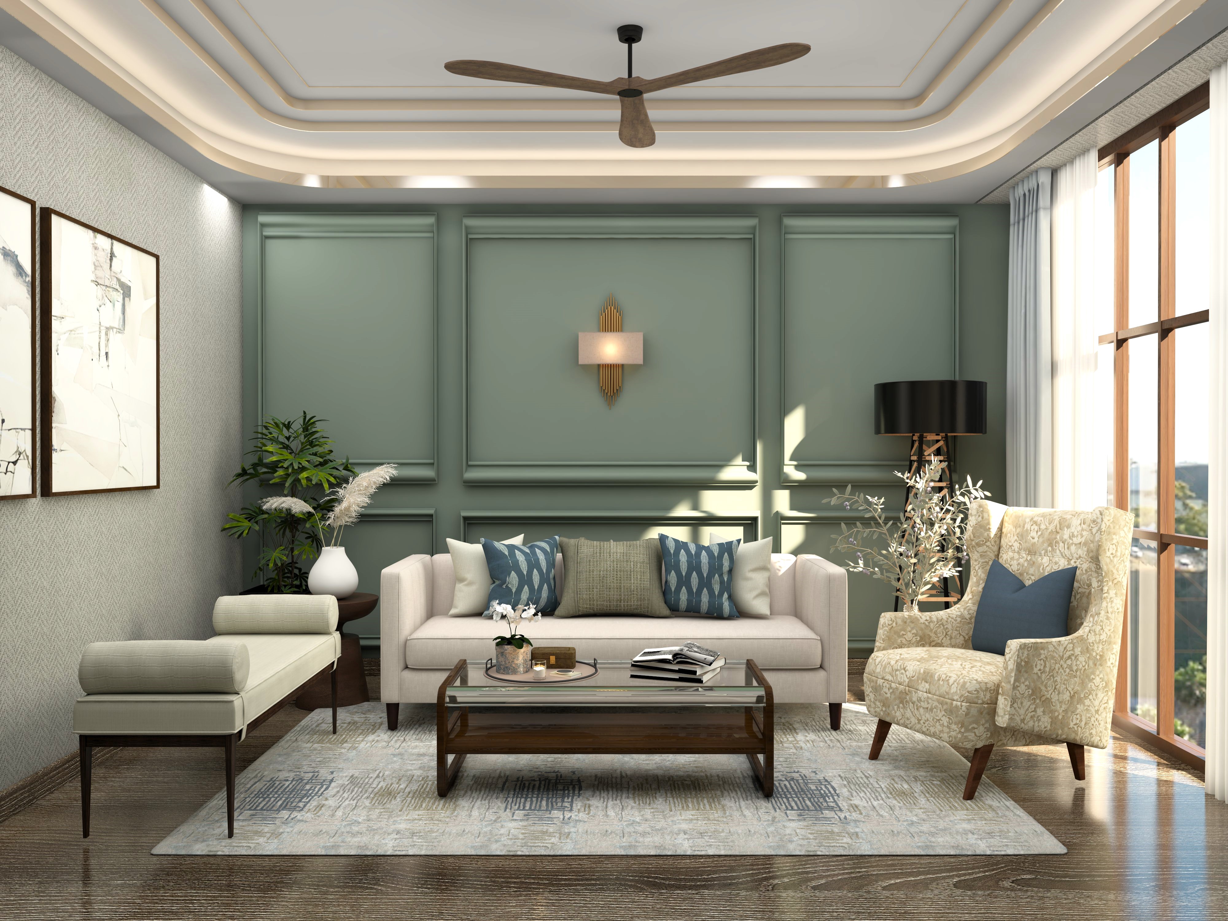 Living room with grey sofa and green wall mouldings-Beautiful Homes