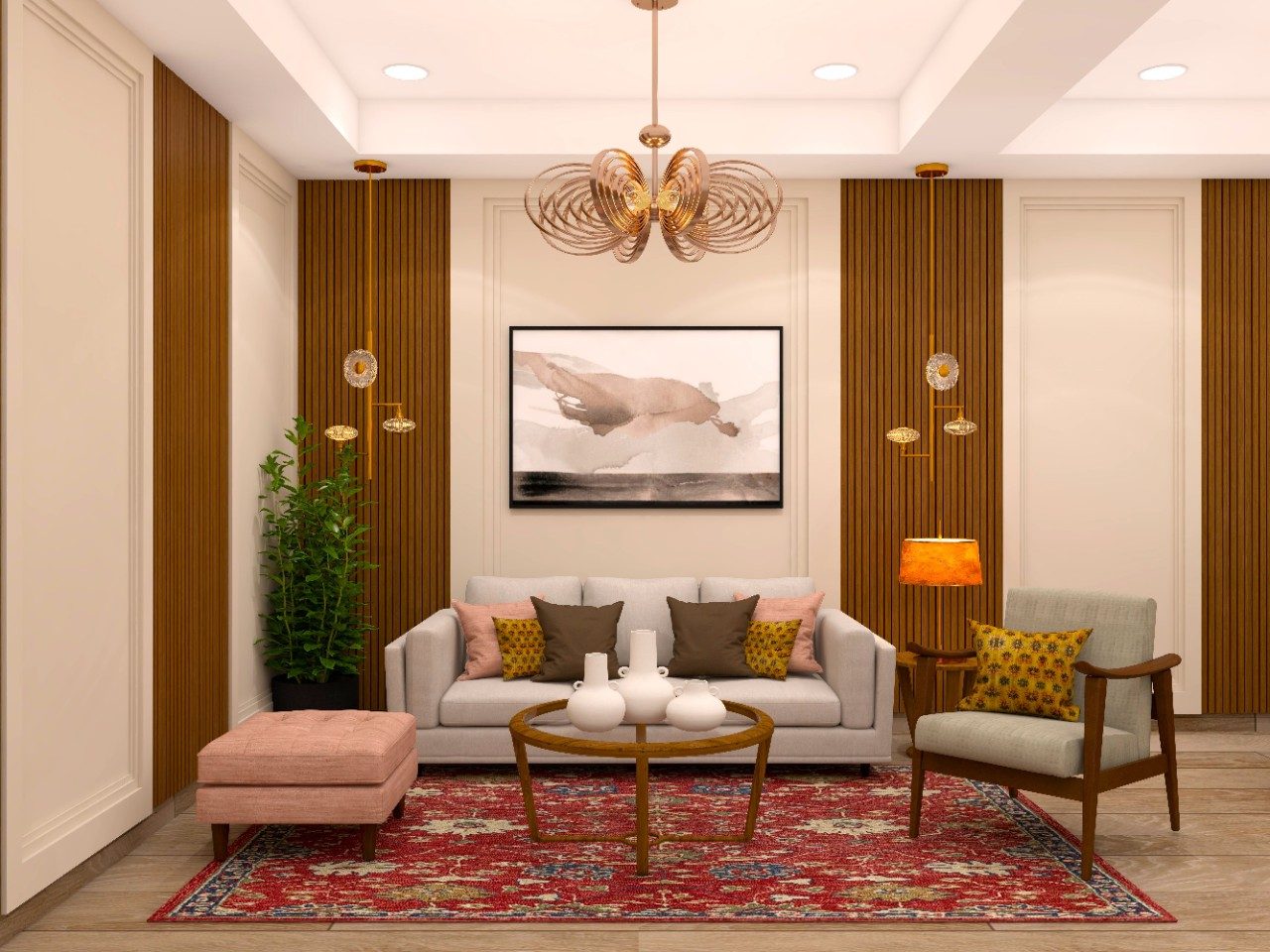 Living room with grey sofa and traditional red carpet-Beautiful Homes