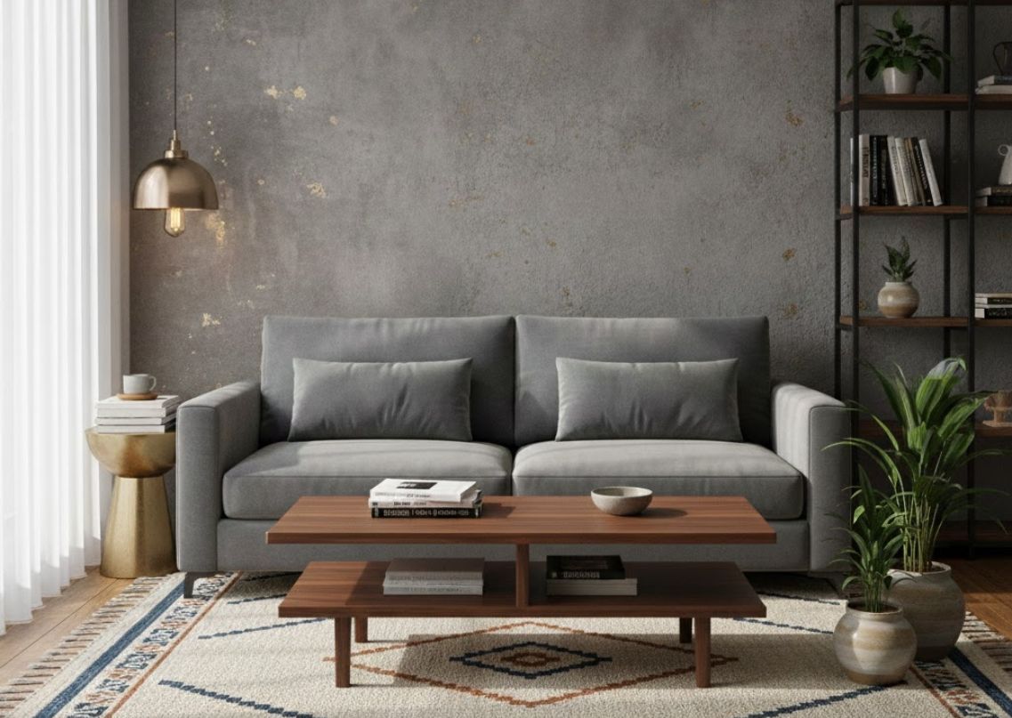 Living room with grey sofa and wooden table - Beautiful Homes