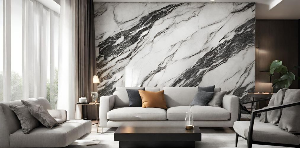 Living room with grey sofa set and marble wall décor - Beautiful Homes