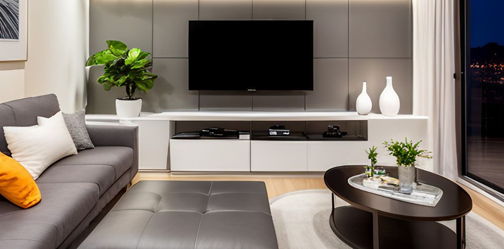 Living room with grey sofa set and white tv showcase-Beautiful Homes