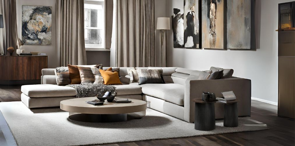 Living room with l-shape sofa and modern coffee table - Beautiful Homes