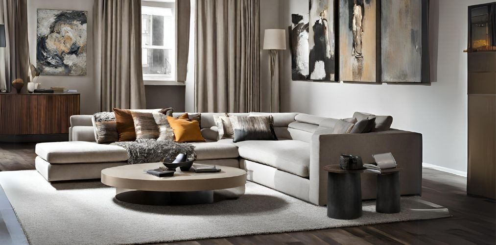 Living room with l-shape sofa and modern coffee table - Beautiful Homes