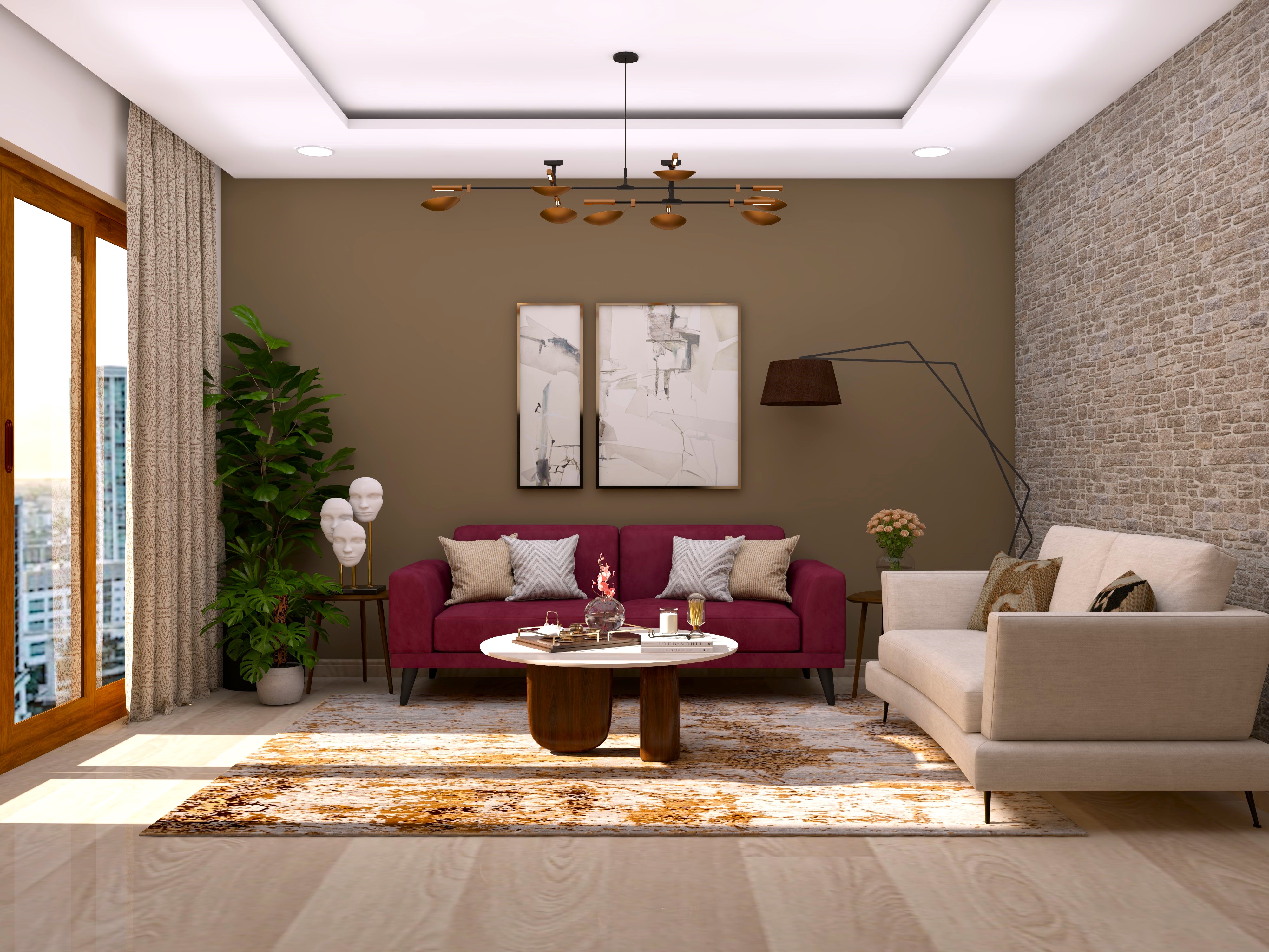 Living room with maroon and cream colour sofas with a floor lamp-Beautiful Homes