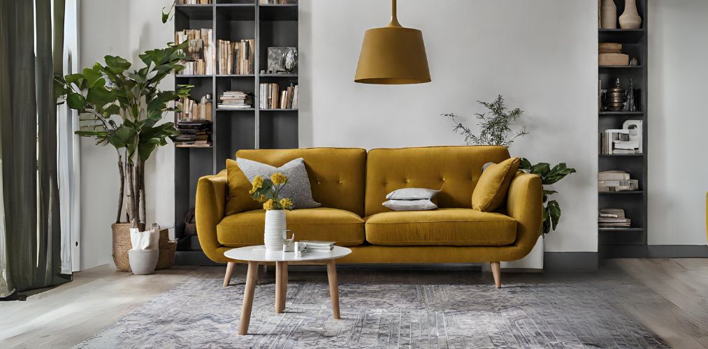 Living room with mustard sofa and book shelves-Beautiful Homes