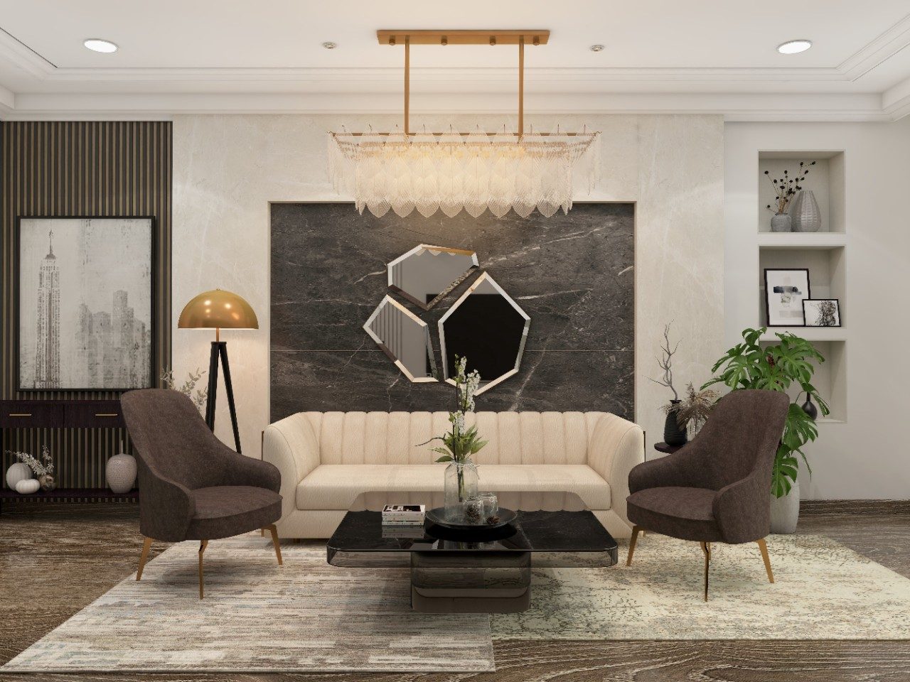 Living room with Nilaya sofa and brown accent chair with AP luxe centre table - Beautiful Homes