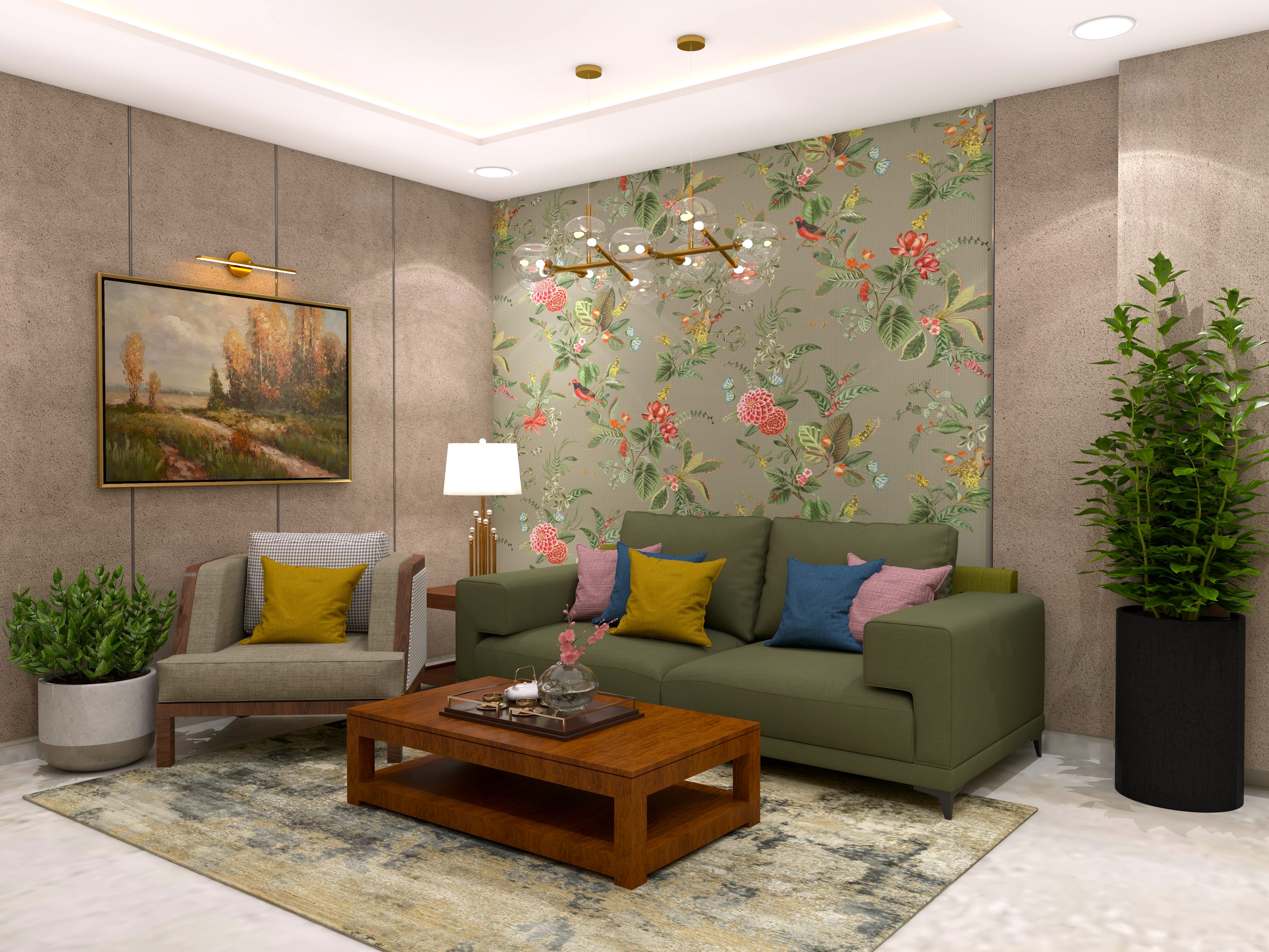 Living room with olive green sofa and floral wallpaper-Beautiful Homes