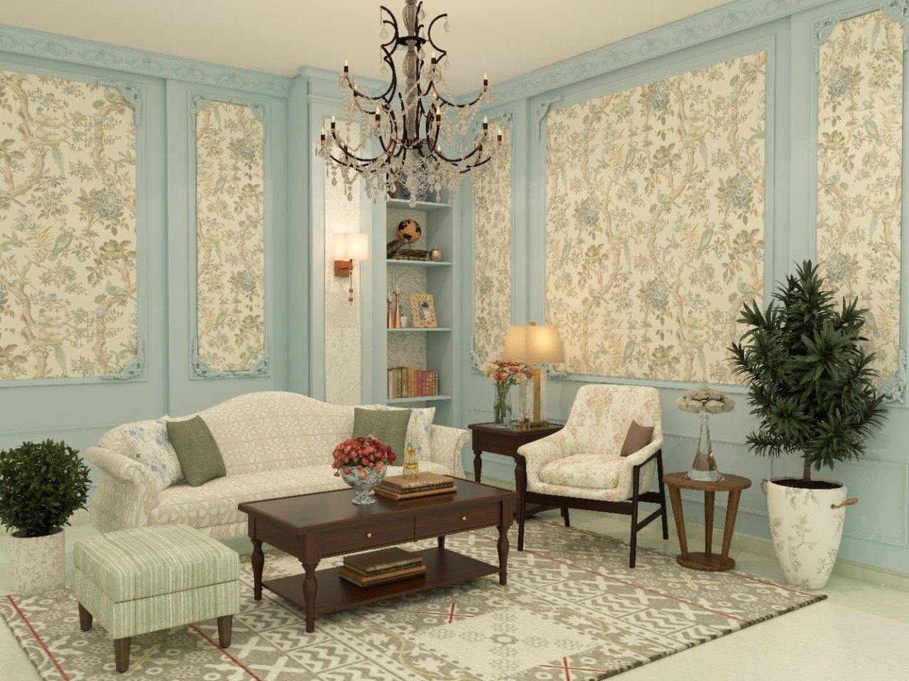 Living room with pastel blue walls and wallpaper with printed upholsteries - Beautiful Homes