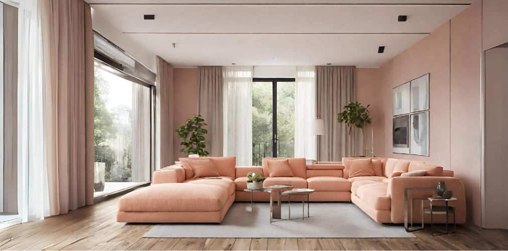 Living room with peach sofa set and wooden flooring-Beautiful Homes