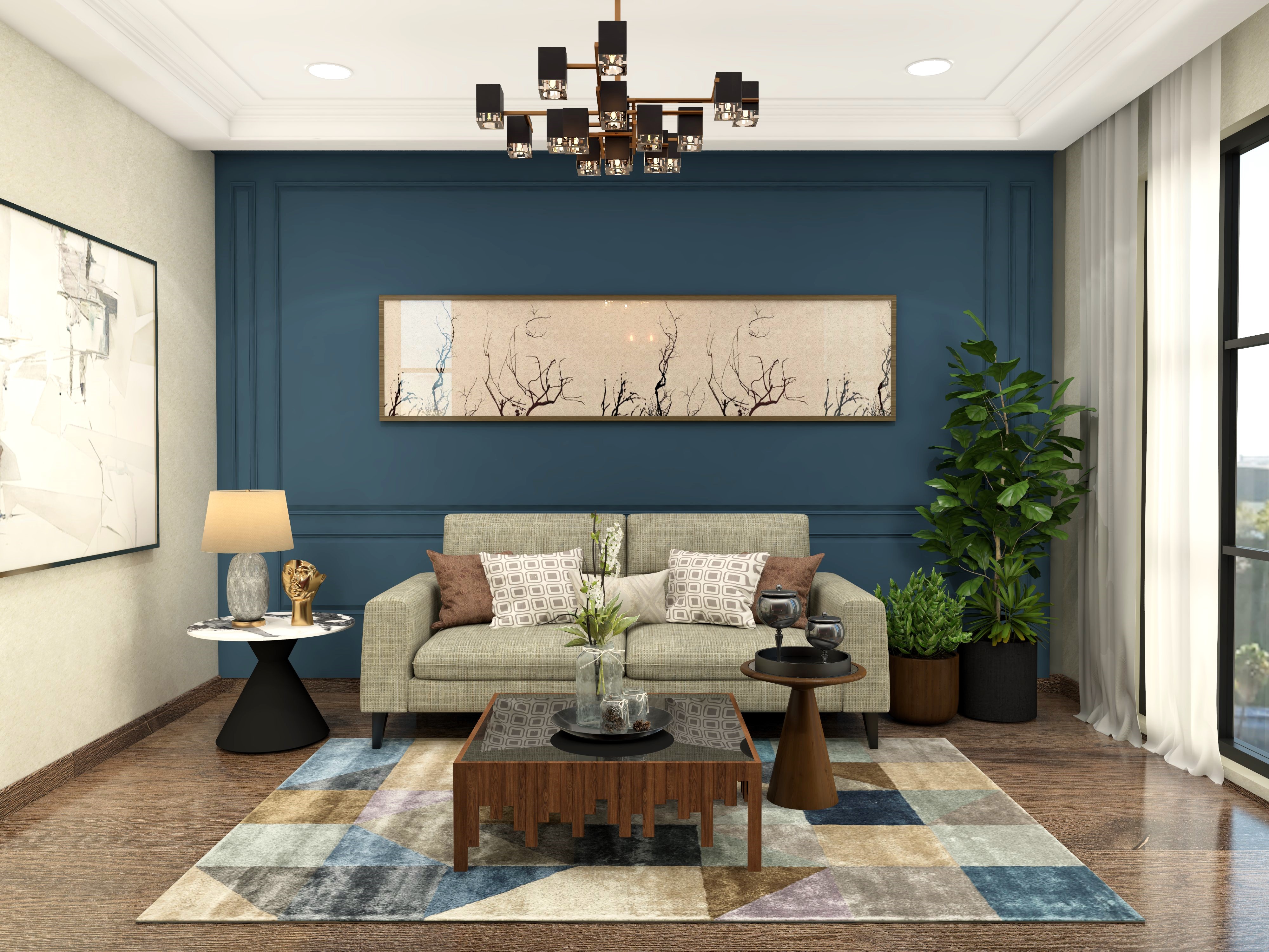 Living room with printed green upholstered sofa and dark blue wall trims - Beautiful Homes