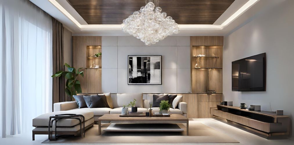 Living room with pvc panel and chandelier - Beautiful Homes