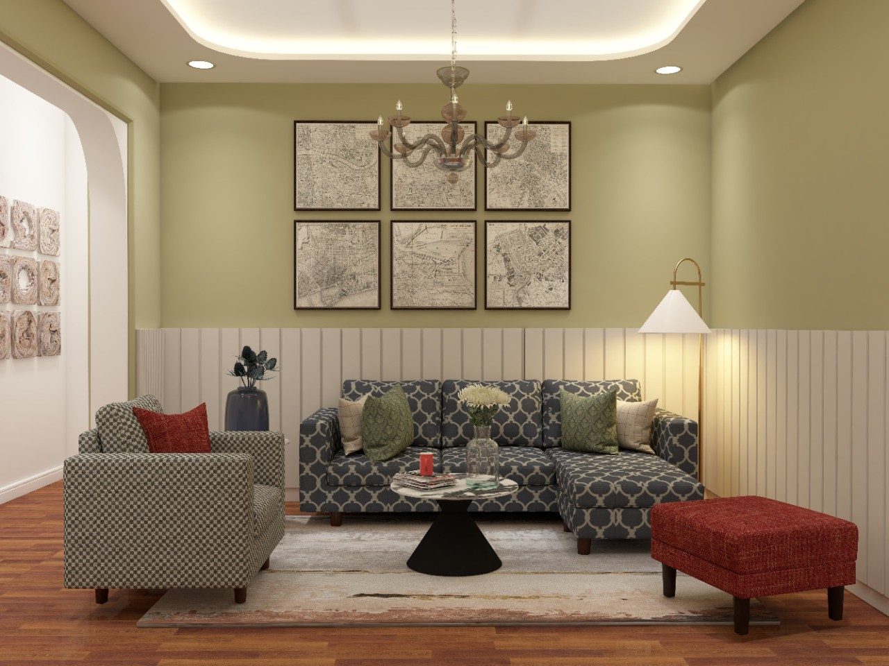 Living room with Sicily 2-seater sectional sofa and white teak chandelier - Beautiful Homes