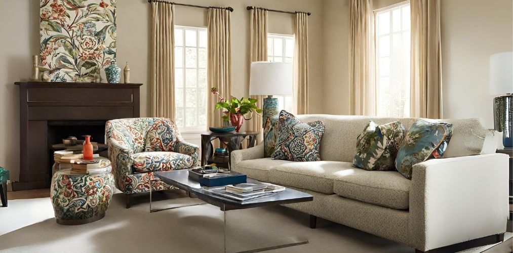 Living room with sofa and accent chair with printed upholstery - Beautiful Homes