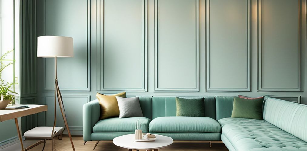 Green living room with sofa and wall paneling-Beautiful Homes