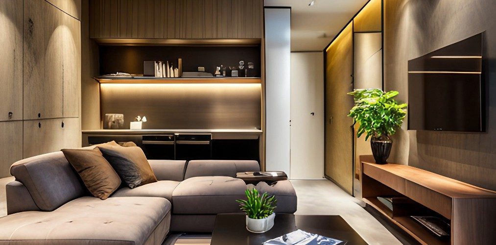 Living room with suede grey sofa and tv cabinet-Beautiful Homes