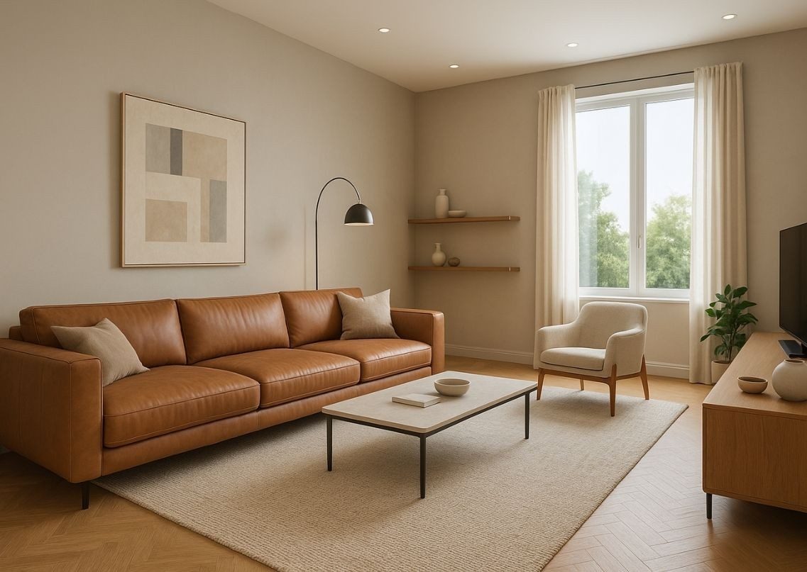 Modern living room with leather sofa and décor - Beautiful Homes