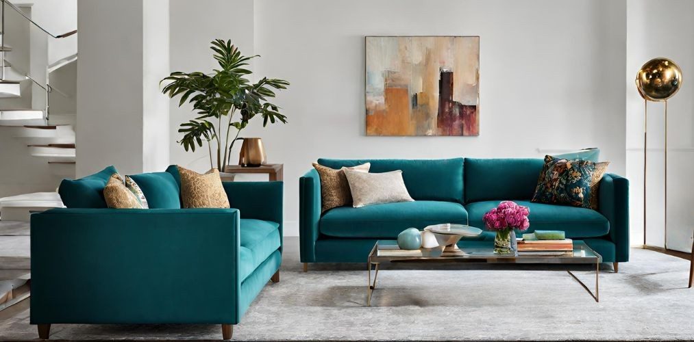 Living room with teal tuxedo sofa and glass center table - Beautiful Homes