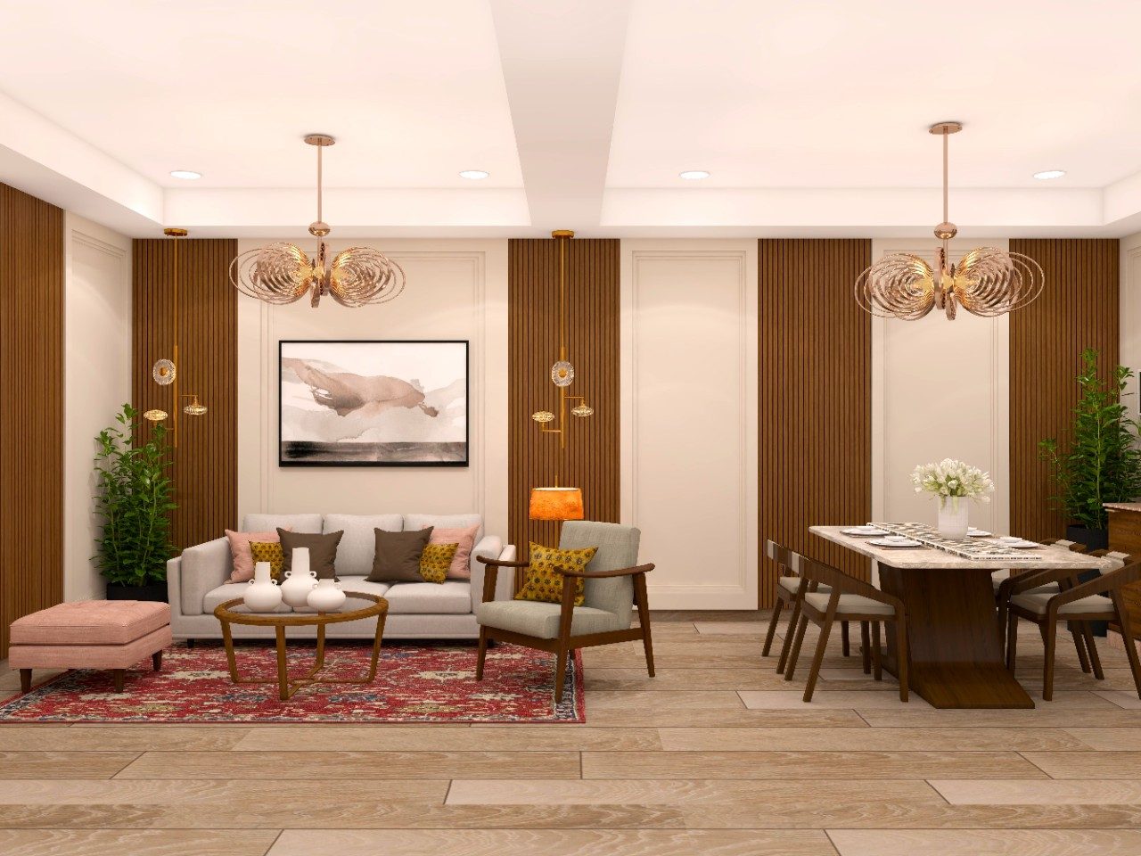 Living room with vertical rafter paneling and wooden dining table-Beautiful Homes