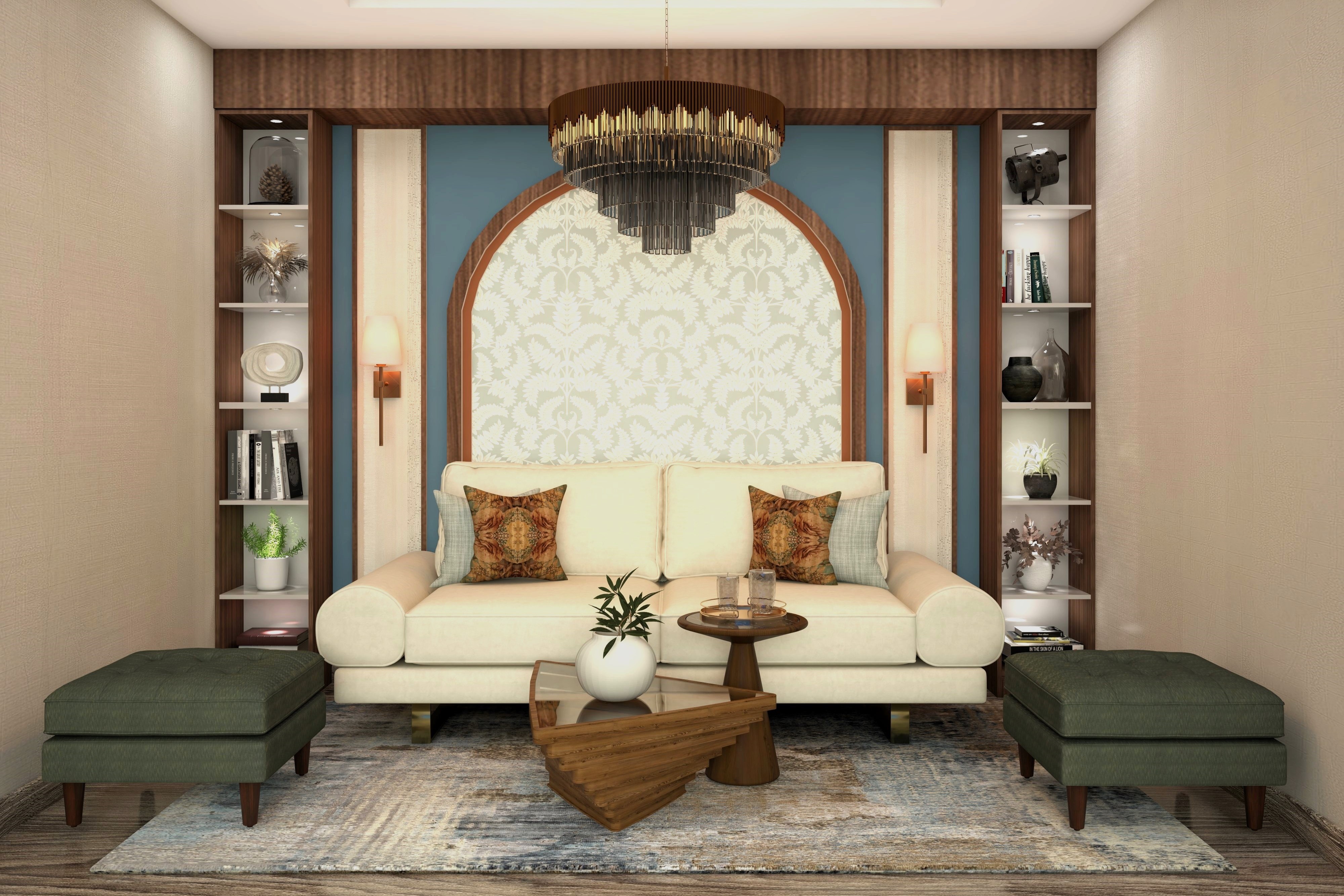 Living room with white sofa and arched wall paneling with wall shelves-Beautiful Homes