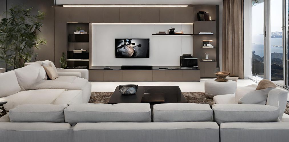 Living room with white sofa set and modular TV unit - Beautiful Homes